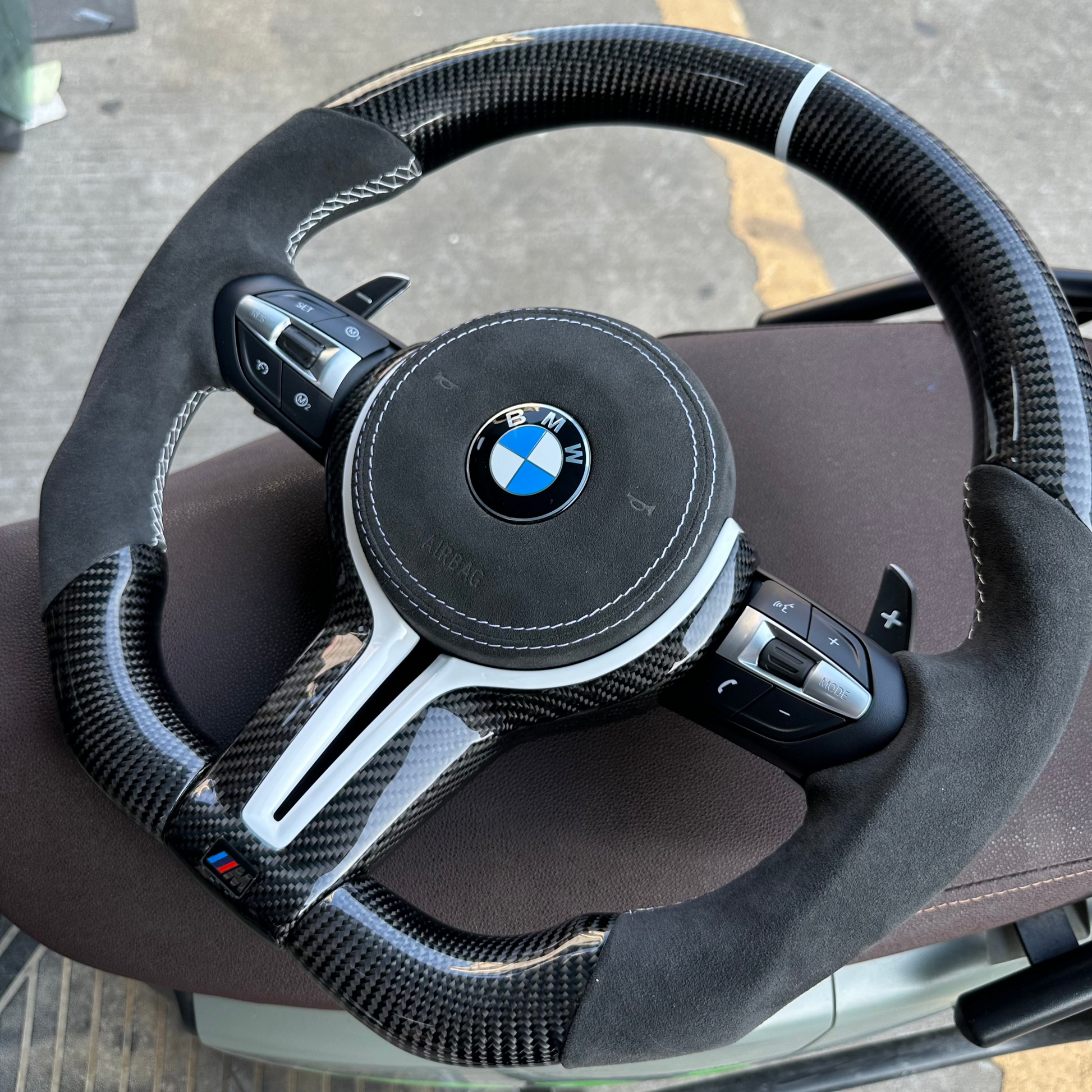Alcantara Carbon Fiber with White Trim , White Stripe Steering Wheel For BMW F Series side